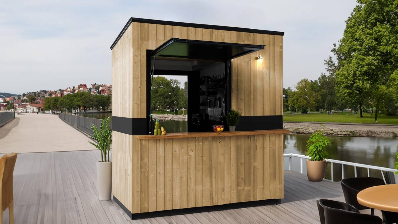 Conception de kiosque modulaire professionnel en acier et bois