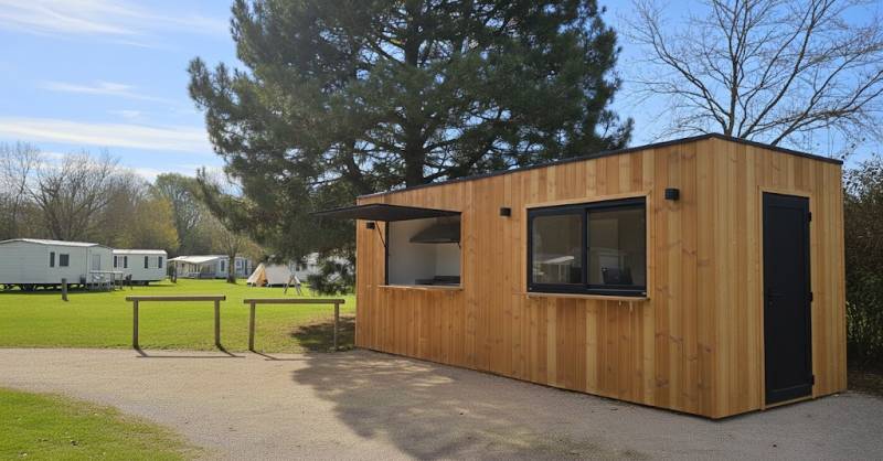 Kiosque Line L - Un kiosque en bois professionnel spacieux, modulable et multi usage pour le secteur de la restauration, de l'événementiel, de l'accueil, du retail et services