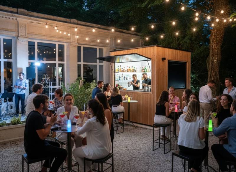 Kiosque modulaire compact installé en extérieur sur site naturel ou touristique, point de vente professionnel sur mesure avec bardage bois, store banne et hayon de service à Mont-de-Marsan 40