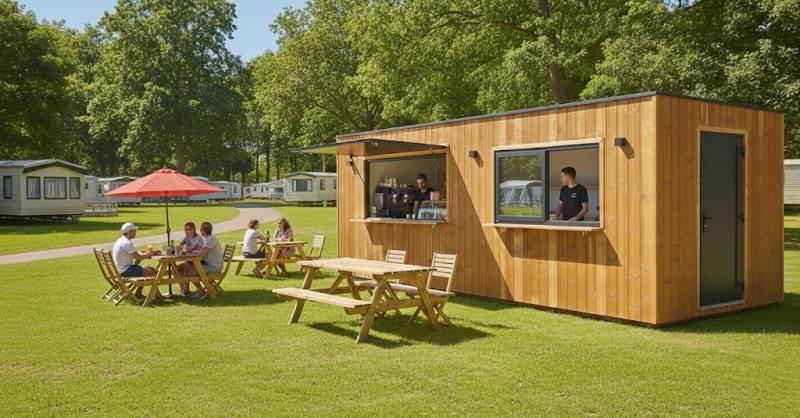 Kiosque Line L - Un kiosque en bois professionnel spacieux, modulable et multi usage pour le secteur de la restauration, de l'événementiel, de l'accueil, du retail et services