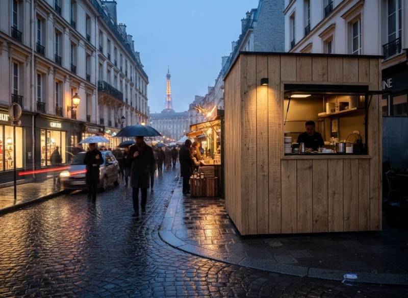 Kiosque modulaire compact installé en extérieur sur site naturel ou touristique, point de vente professionnel sur mesure avec bardage bois, store banne et hayon de service à Mont-de-Marsan 40